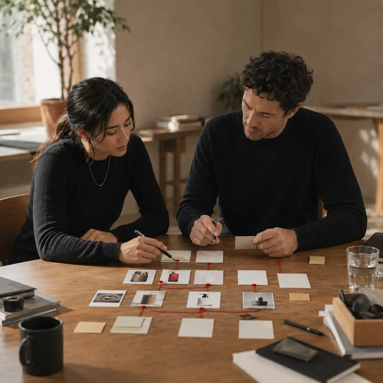 Client and strategist mapping audience, offer, funnel and campaign priorities with cards and a red route.