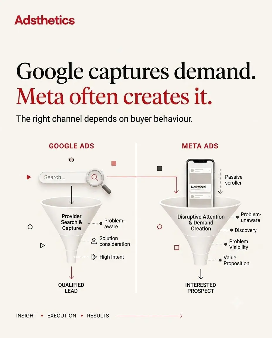 Adsthetics cover comparing Google demand capture with Meta demand creation.
