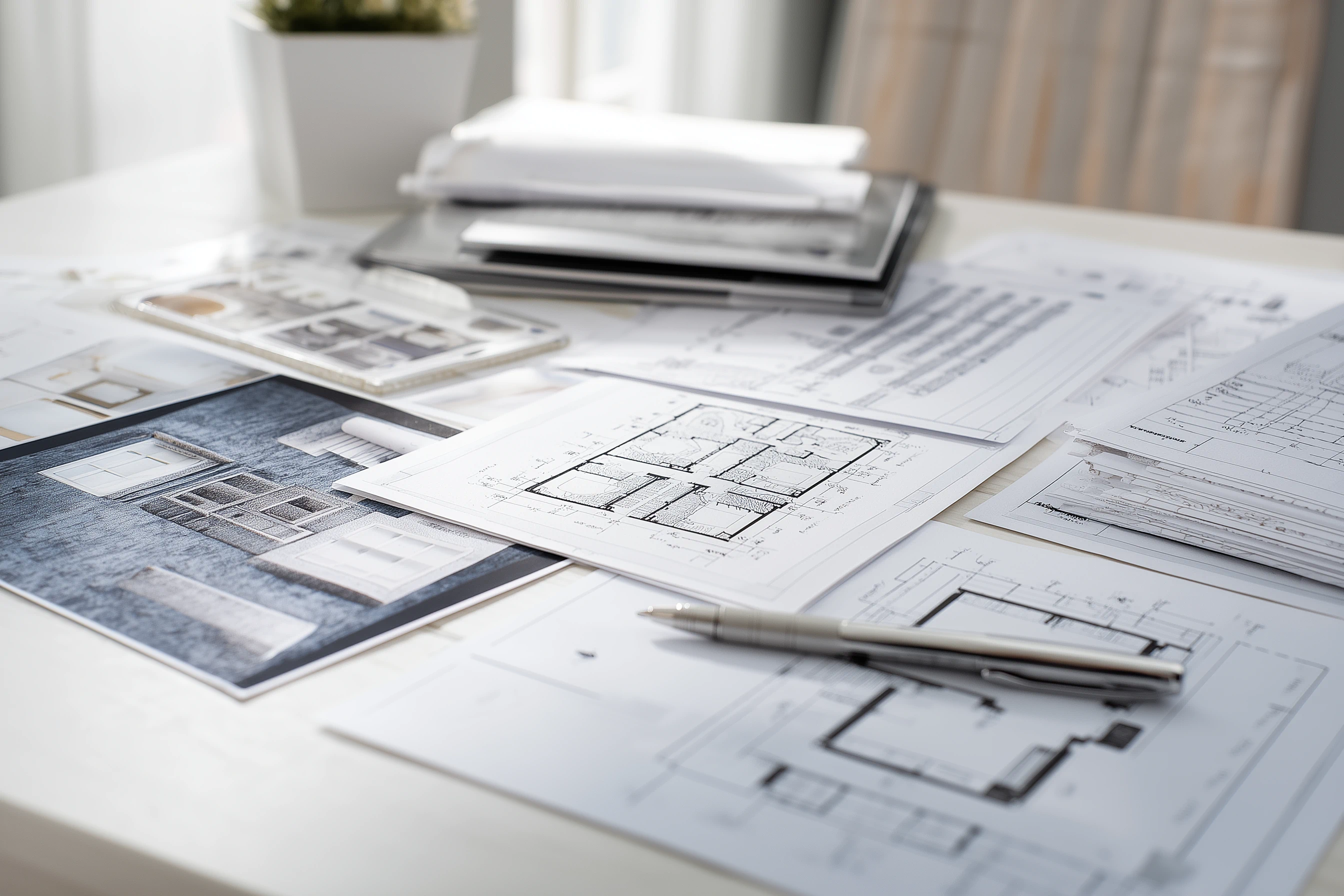 Obszerna papierowa dokumentacja rozłożona na stole.