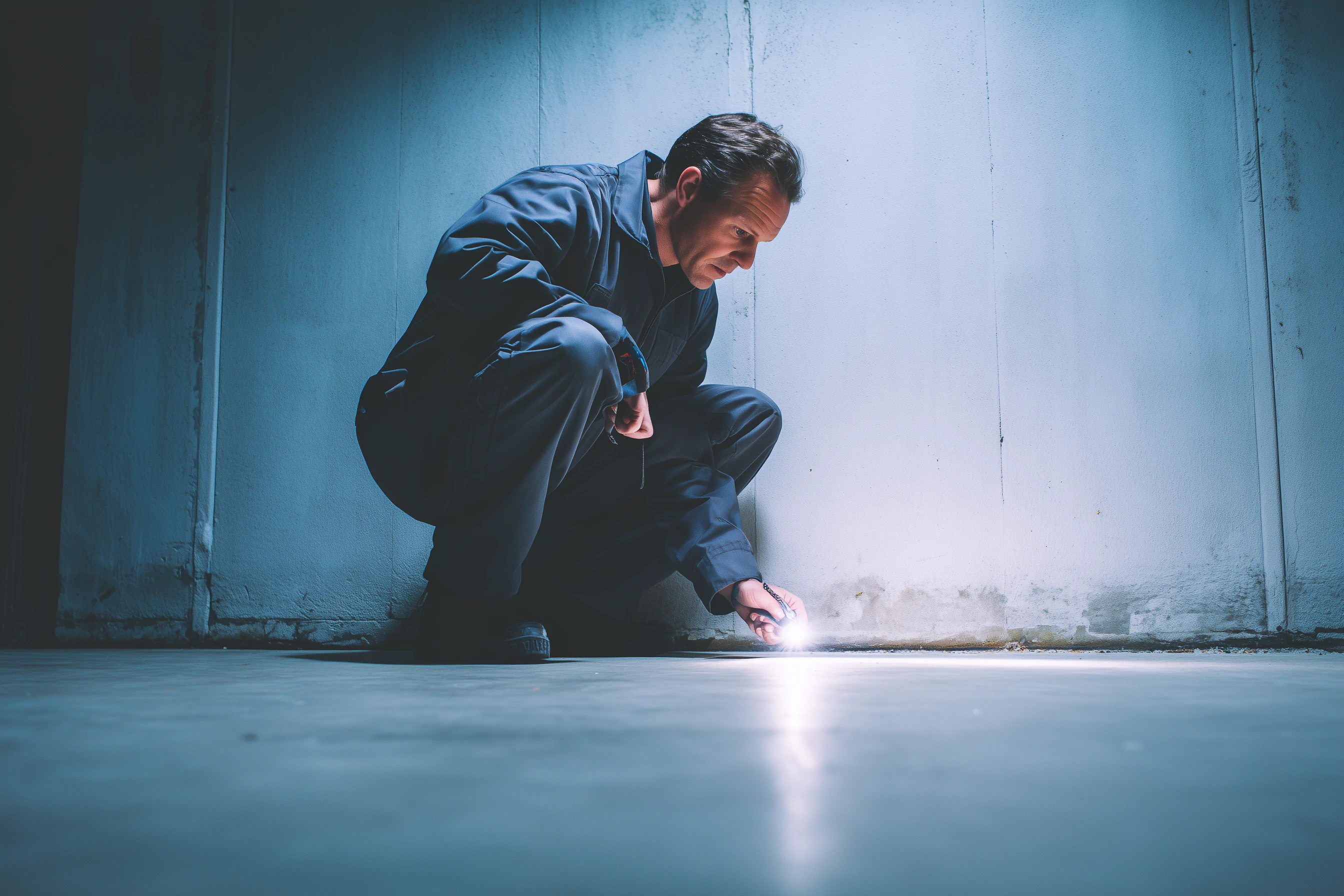 Technik bada proces osuszania nieruchomości, przeprowadza kontrolę.