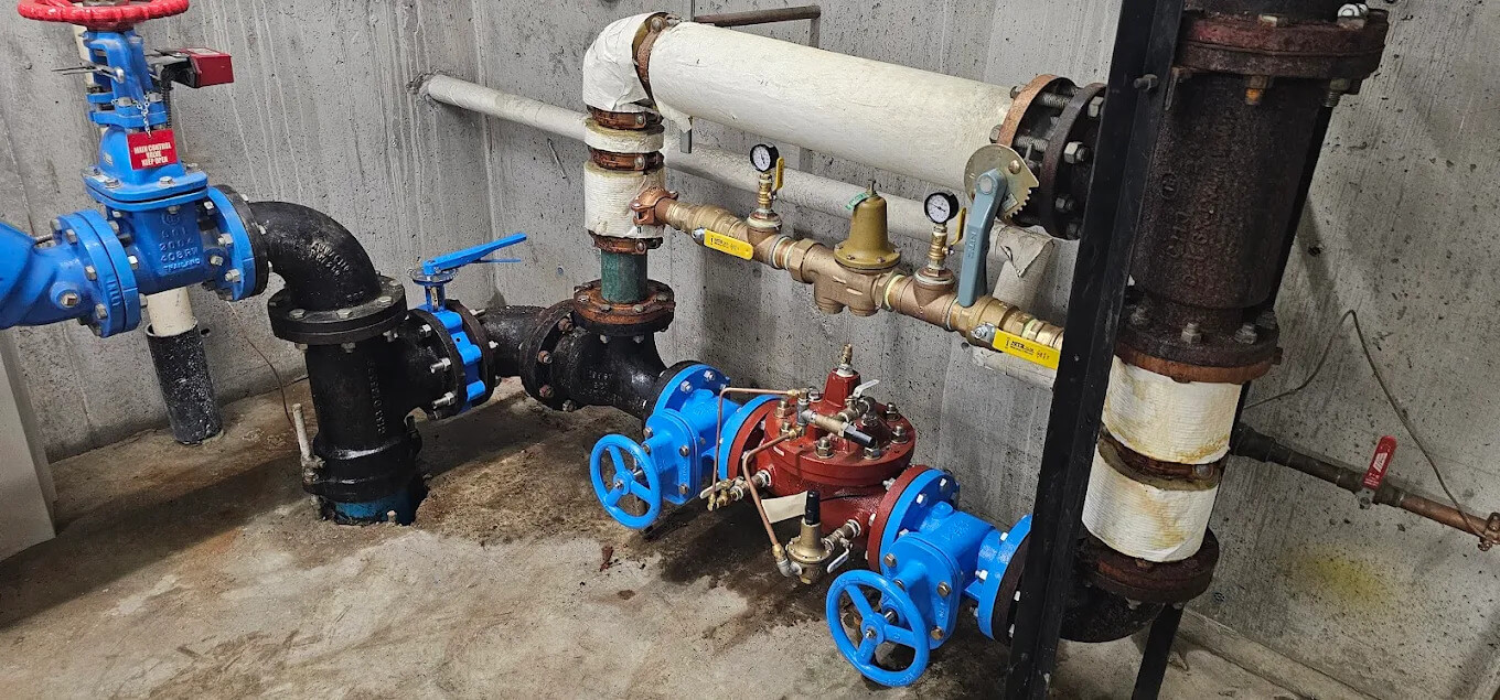 A large-scale commercial water main installation featuring blue industrial gate valves, heavy cast iron piping, and a pressure-reducing valve assembly.