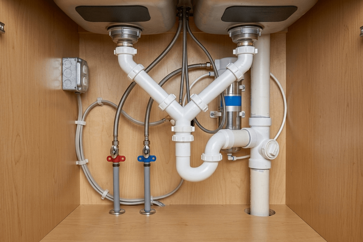 Under-sink plumbing installation featuring a white PVC P-trap assembly, braided stainless steel water lines, and a silver reverse osmosis water filtration system.