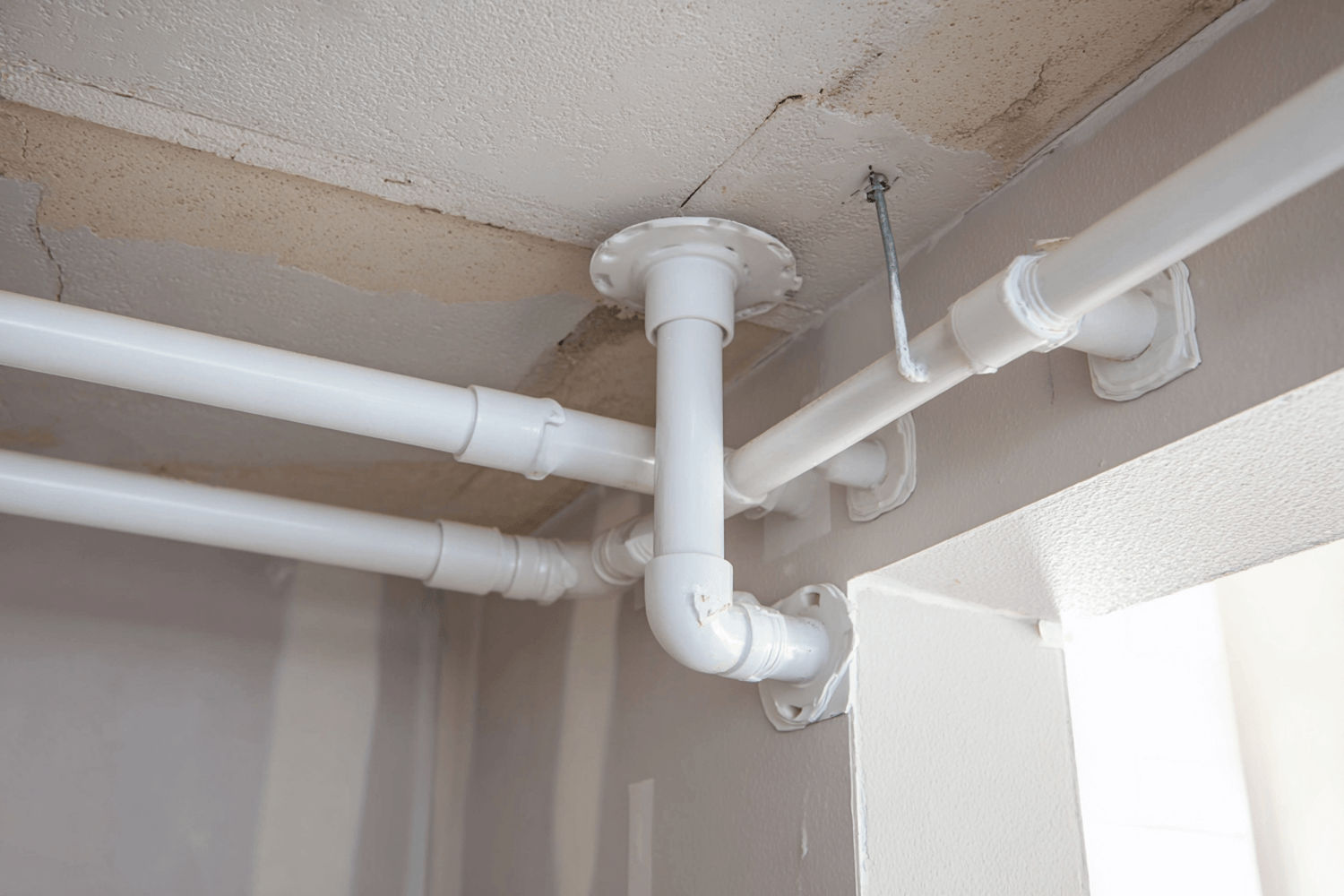 Professional installation of white PVC commercial plumbing pipes along a concrete ceiling and wall with clean flange seals.