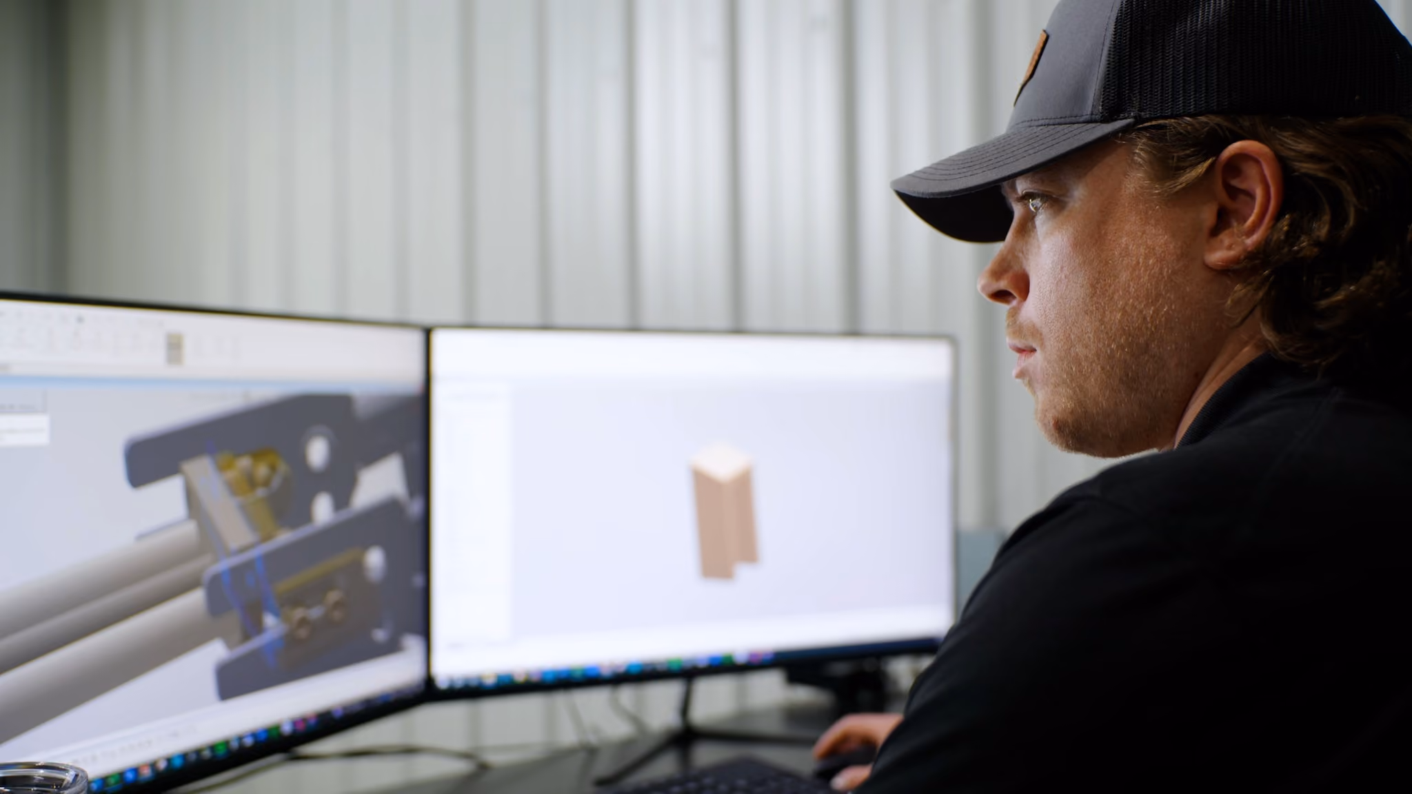 ProConcepts engineer reviewing a CAD assembly on a dual-monitor workstation