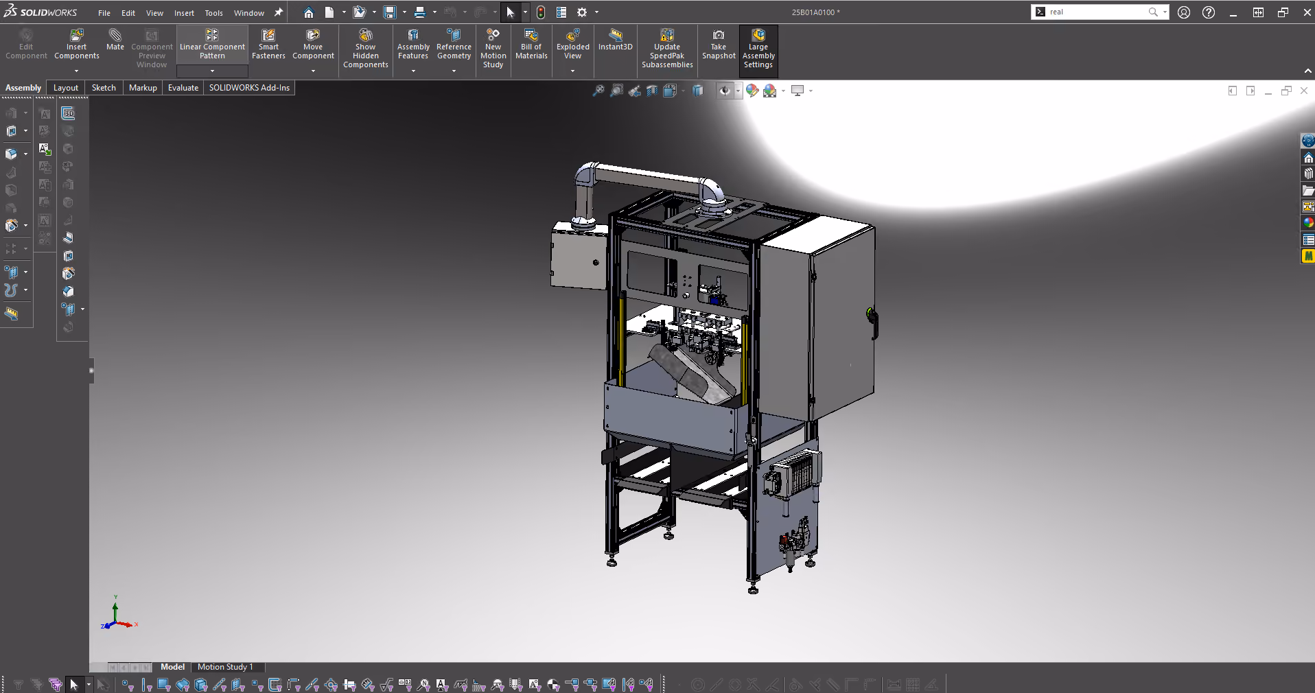 SolidWorks 3D CAD model of a custom machine assembly with an electrical enclosure and robotic arm