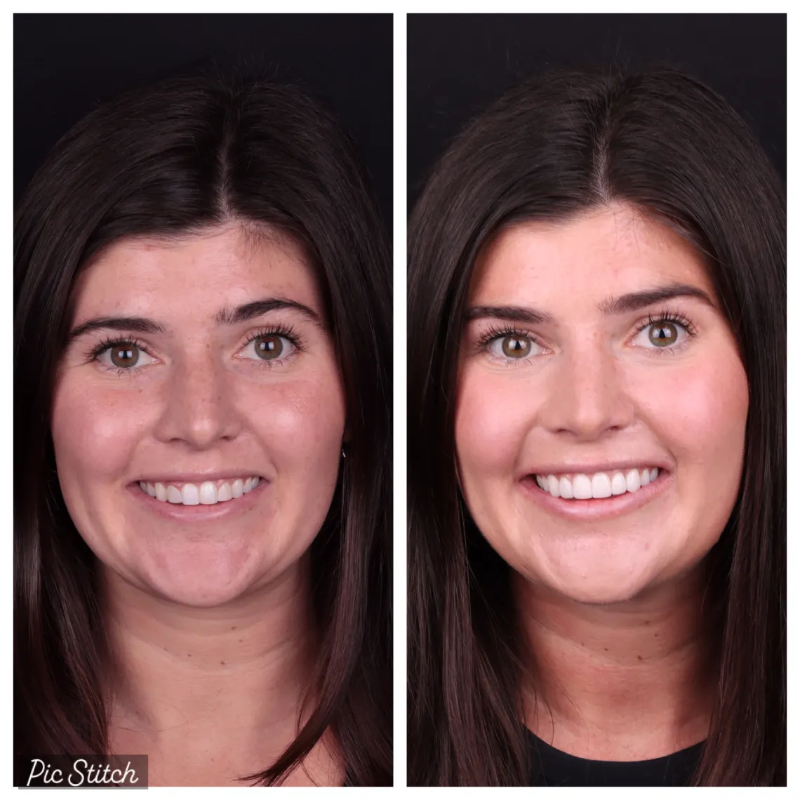 Side-by-side portraits of a woman with long dark hair smiling against a black background.