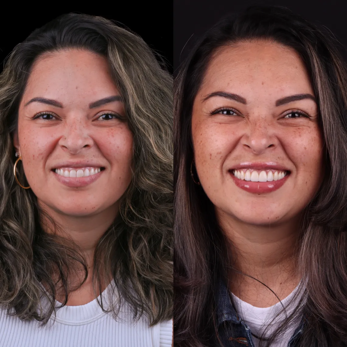 Side-by-side close-up portraits of a smiling woman with medium-length wavy hair, wearing a white top on the left and a denim jacket on the right.