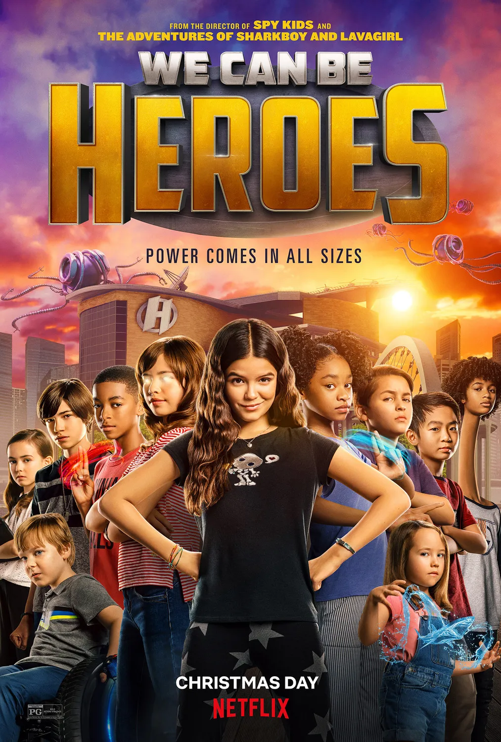 Poster for We Can Be Heroes featuring a group of diverse children standing confidently with a cityscape background and floating robotic devices.