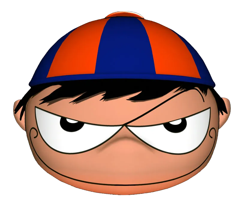 Troublemaker Studios mascot Pepino — close-up of the cartoon character’s face with a blue and orange striped cap and an intense, determined expression.