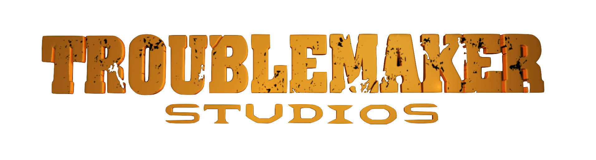 Logo with the text 'TROUBLEMAKER' in large, distressed orange letters above 'STUDIOS' in smaller orange letters on a black background.