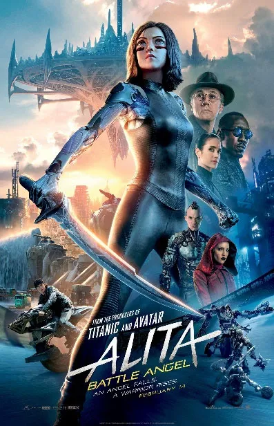 Poster of the movie Alita: Battle Angel featuring a futuristic female warrior with a sword and multiple supporting characters against a sci-fi city backdrop.
