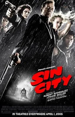 Movie poster for Sin City featuring four characters holding guns under heavy rain with bold red title text.