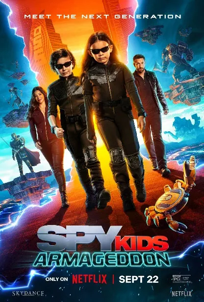 Poster for Spy Kids Armageddon showing two children in black outfits and sunglasses walking forward with two adults behind, futuristic city and robots in background.