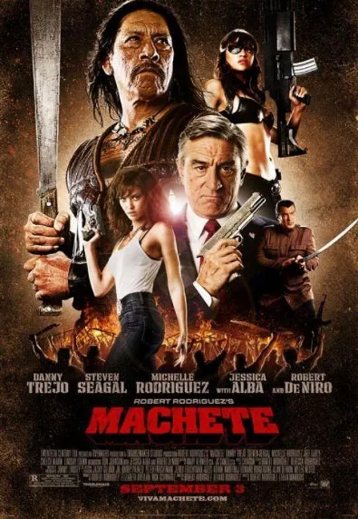 Movie poster for Machete featuring five characters holding weapons, with Danny Trejo prominently holding a machete.