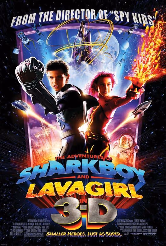 Movie poster of The Adventures of Sharkboy and Lavagirl in 3-D showing two young heroes with a fist and lava hand extended, in a colorful cosmic background.