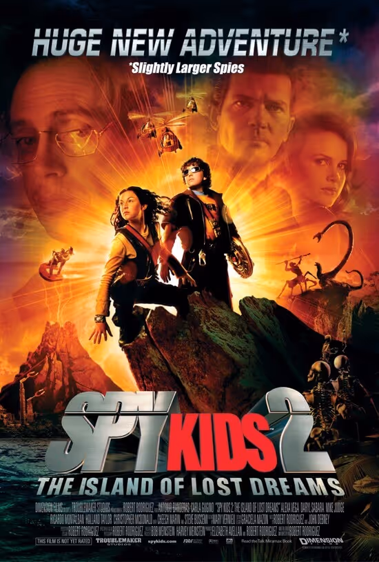 Poster for Spy Kids 2: The Island of Lost Dreams showing two kids standing on rocks with a fiery background, helicopters, a scorpion, and faces of four adults.