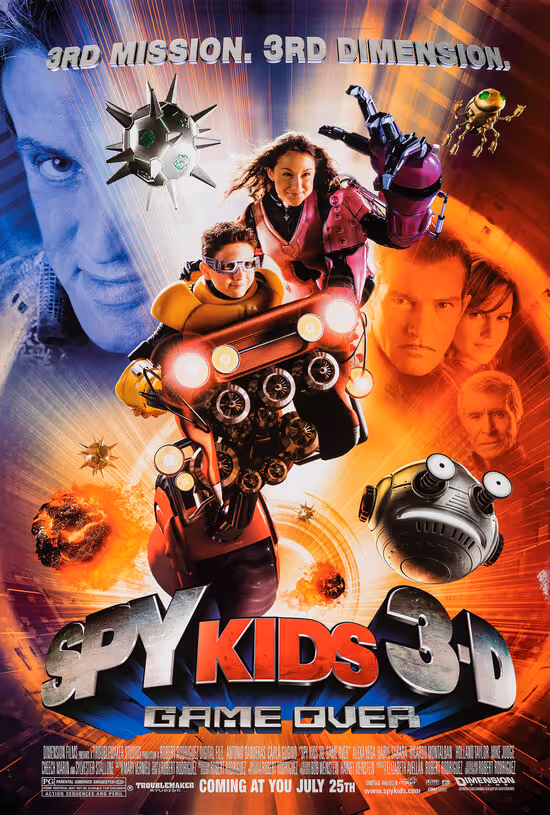 Spy Kids 3-D Game Over movie poster showing kids with futuristic gear and robots with text '3rd Mission. 3rd Dimension.' and release date July 25th.