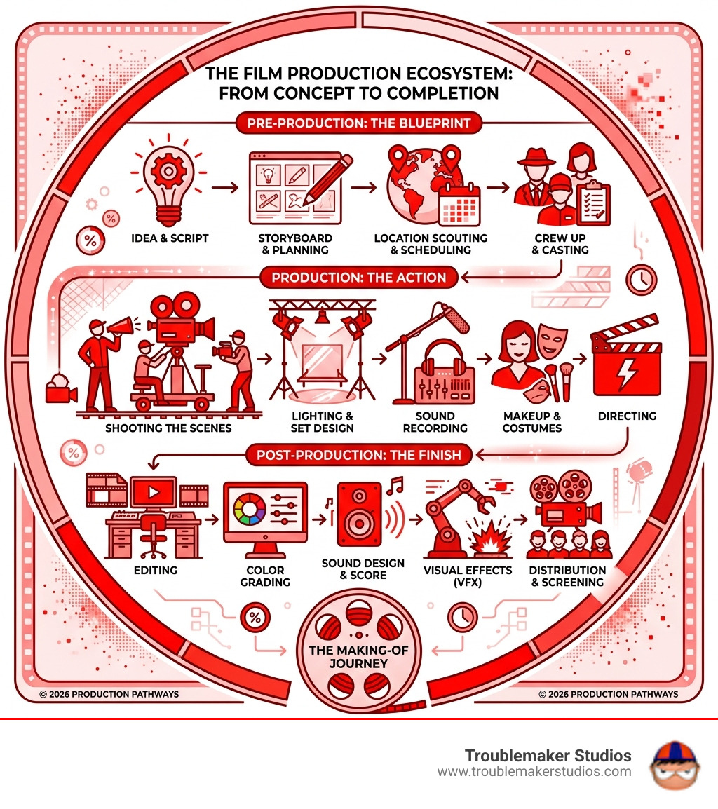 Infographic showing the layers of a film production ecosystem from pre-production to post - behind the scenes infographic 