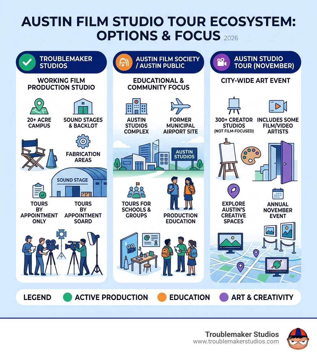 Infographic: Austin film studio tour ecosystem — Troublemaker Studios, Austin Film Society, and Austin Studio Tour compared Infographic: Austin film studio tour ecosystem — Troublemaker Studios, Austin Film Society, and Austin Studio Tour compared
