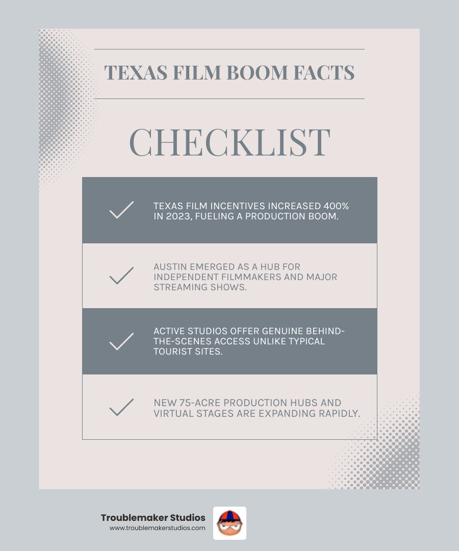 Texas film studio tour ecosystem infographic showing studios, locations, and tour types - Film studio tours Texas