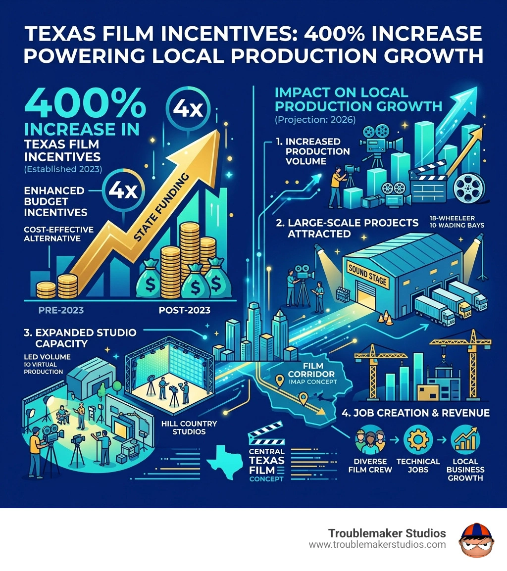 Infographic showing the 400 percent increase in Texas film incentives and its impact on local production growth - film
