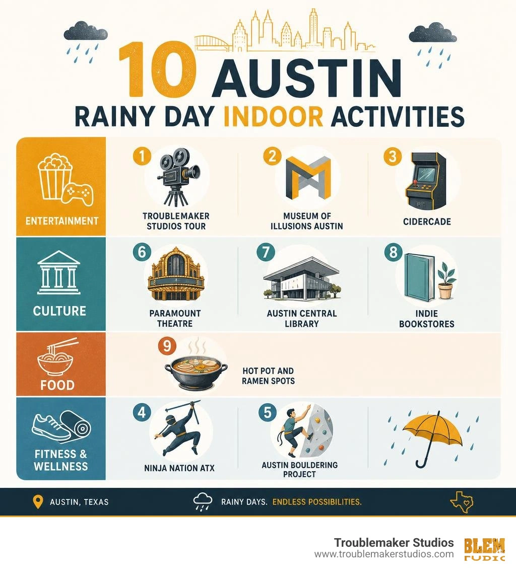 Infographic showing 10 Austin rainy day indoor activities by category: entertainment, culture, food, and fitness infographic Infographic showing 10 Austin rainy day indoor activities by category: entertainment, culture, food, and fitness infographic