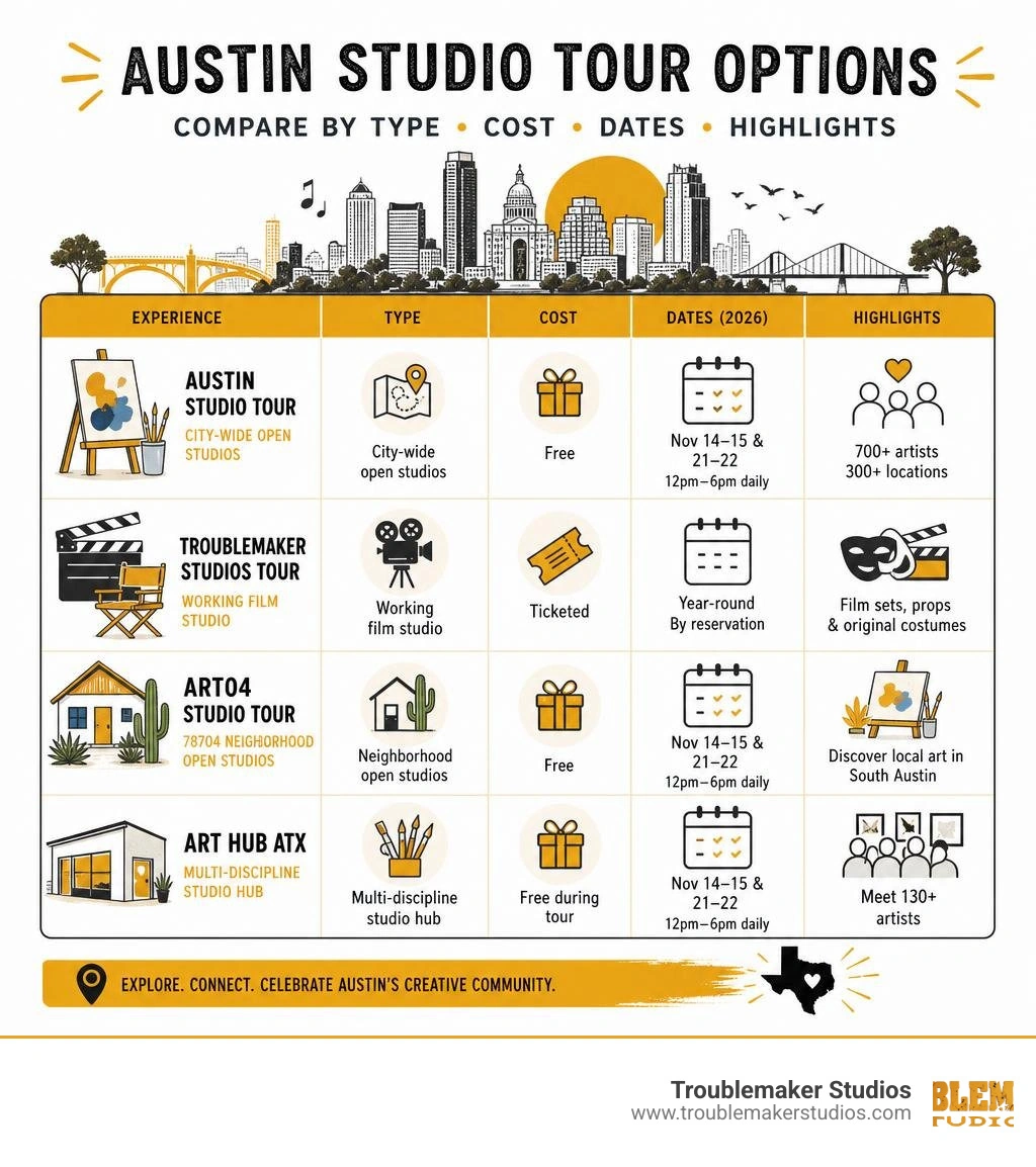 Infographic comparing Austin studio tour options by type, cost, dates, and highlights infographic Infographic comparing Austin studio tour options by type, cost, dates, and highlights infographic