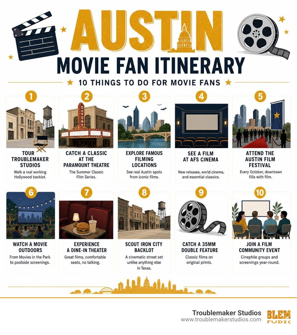 Austin movie fan itinerary infographic with 10 activities from studio tours to outdoor screenings infographic Austin movie fan itinerary infographic with 10 activities from studio tours to outdoor screenings infographic