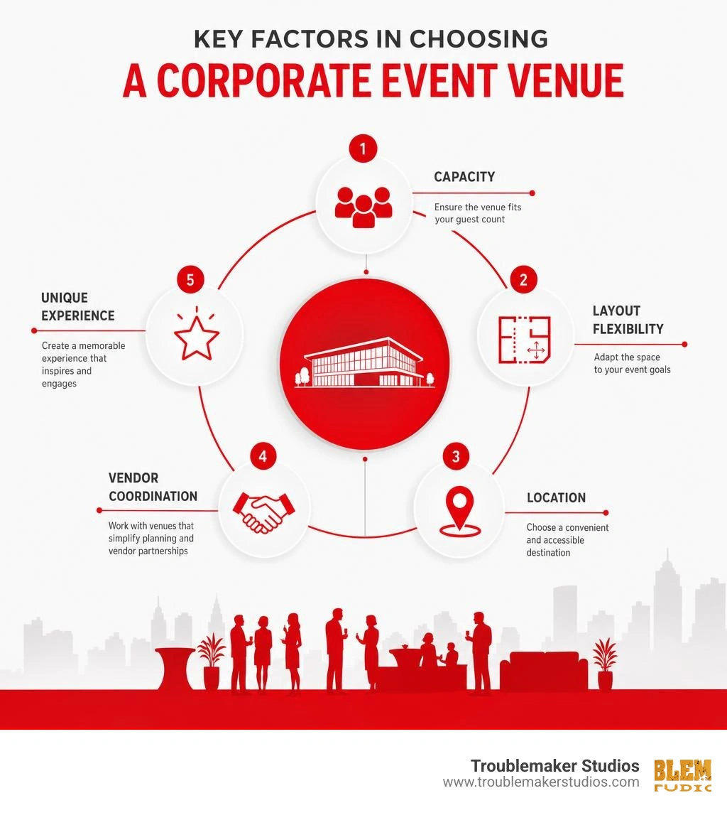 Infographic showing key corporate event venue selection factors: capacity, layout flexibility, location, vendor Infographic showing key corporate event venue selection factors: capacity, layout flexibility, location, vendor