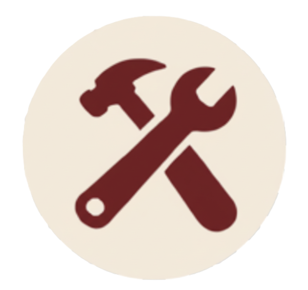 Icon with a maroon hammer and wrench crossed inside a beige circle on a transparent background.