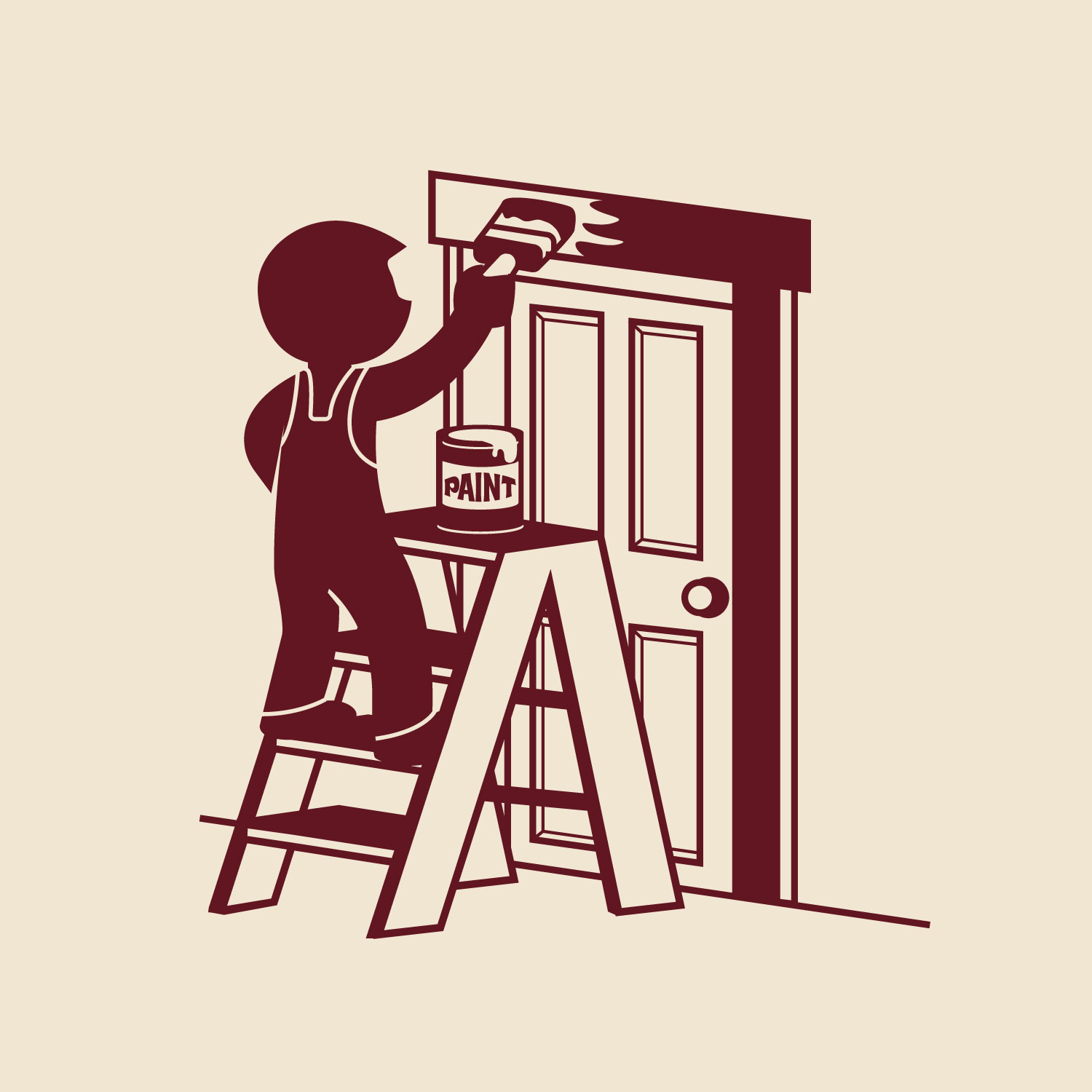 Illustration of a person standing on a stool painting the upper part of a doorframe with a paintbrush and holding a paint can, labeled Paint Touch-Ups.
