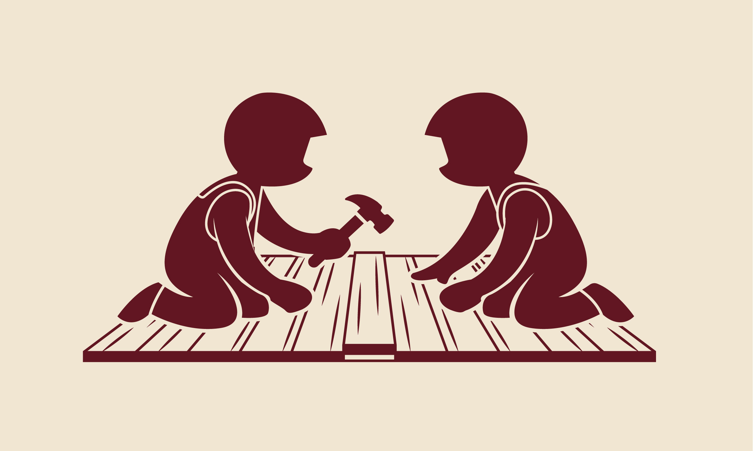Illustration of two people kneeling and installing wooden floorboards, one holding a hammer and the other holding a floor tool.