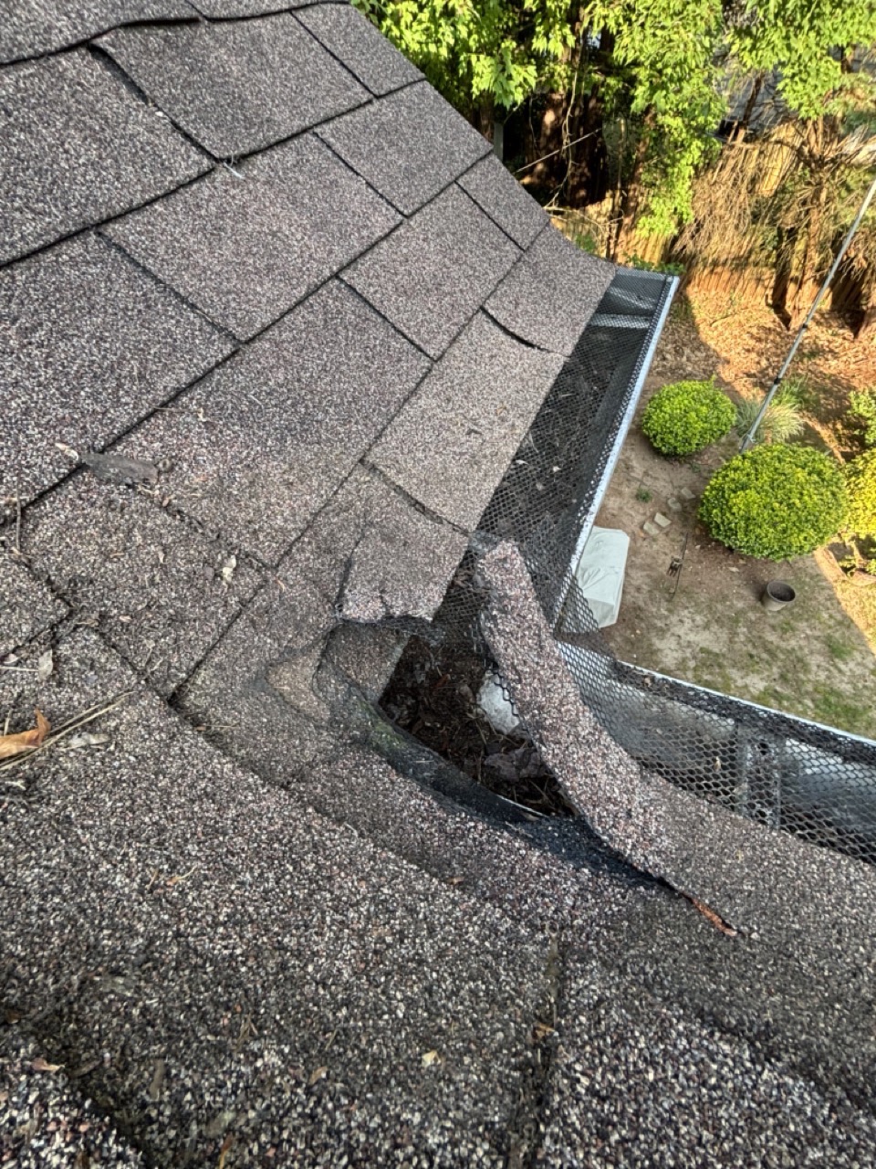 Torn shingle and bent gutter guard at the rear corner