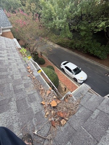 Front gutter packed with leaves and twigs