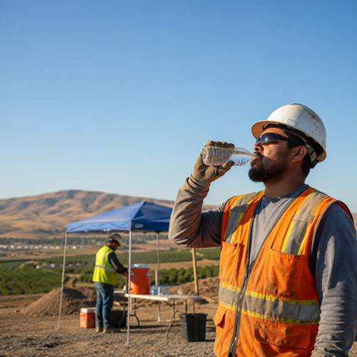 A worker staying hydrated at a shaded rest station in Washington. A/F Business Solutions helps Washington employers implement heat illness prevention programs and safety compliance.
