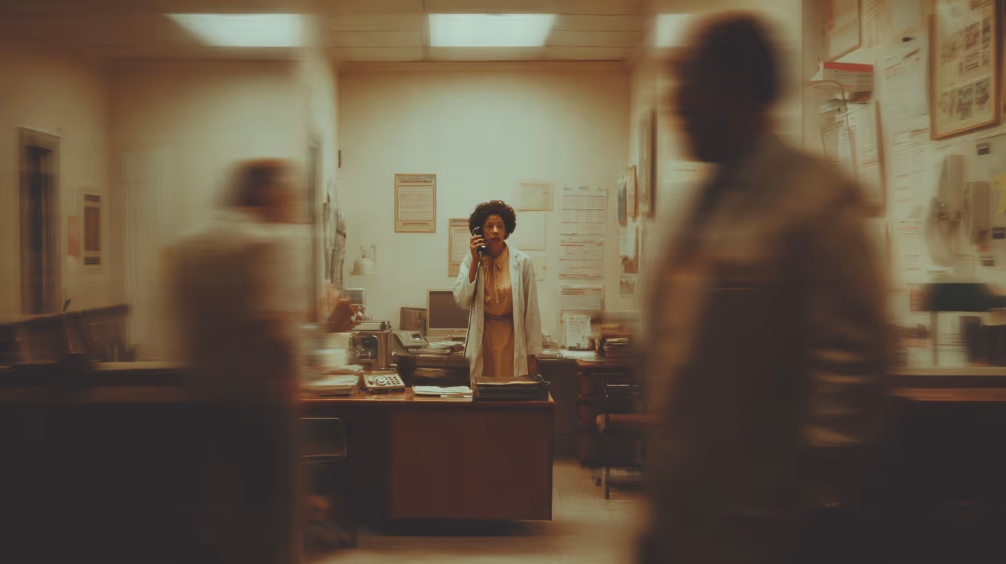 Woman in a white coat standing in an office, talking on a landline phone, with two blurred figures walking past.