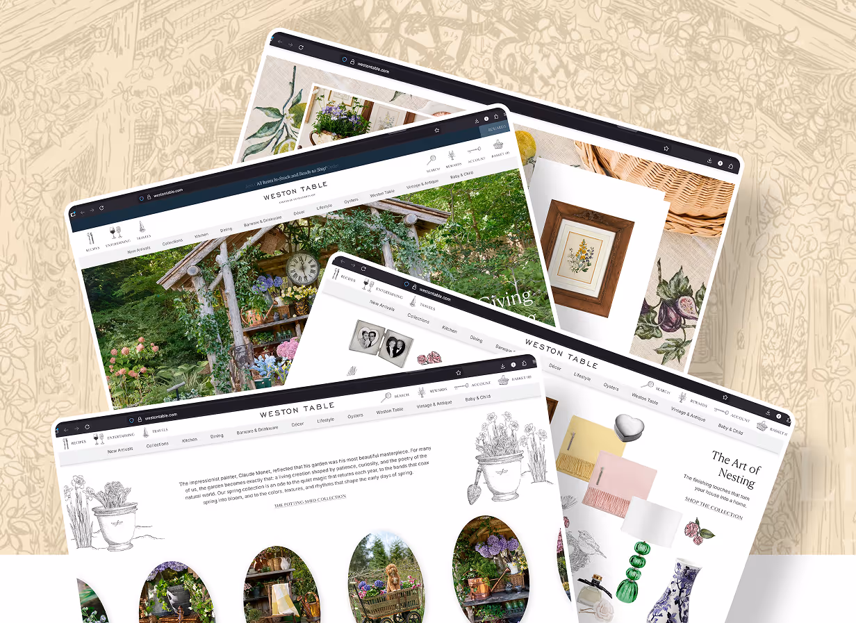 Collage of Weston Table website pages showing garden-themed home décor and lifestyle products with floral illustrations.