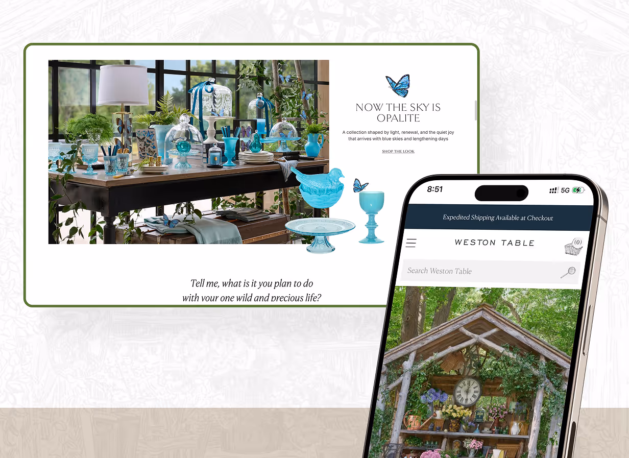 Decorative display of blue glassware and tableware on a dark wooden table with a window background, accompanied by text about the 'Opalite' collection and a smartphone showing an outdoor garden shop webpage.