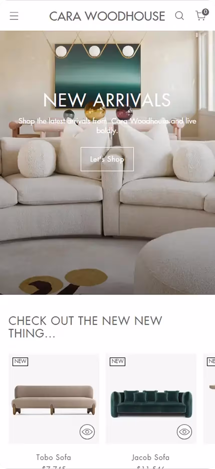 Cara Woodhouse website homepage showing new arrivals with beige sofas featuring plush cushions and a modern living room setup, plus product listings for Tobo and Jacob sofas.