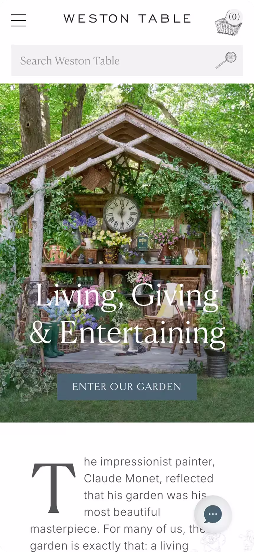 Rustic wooden garden shed filled with flowers, greenery, and gardening tools with a clock hanging inside.