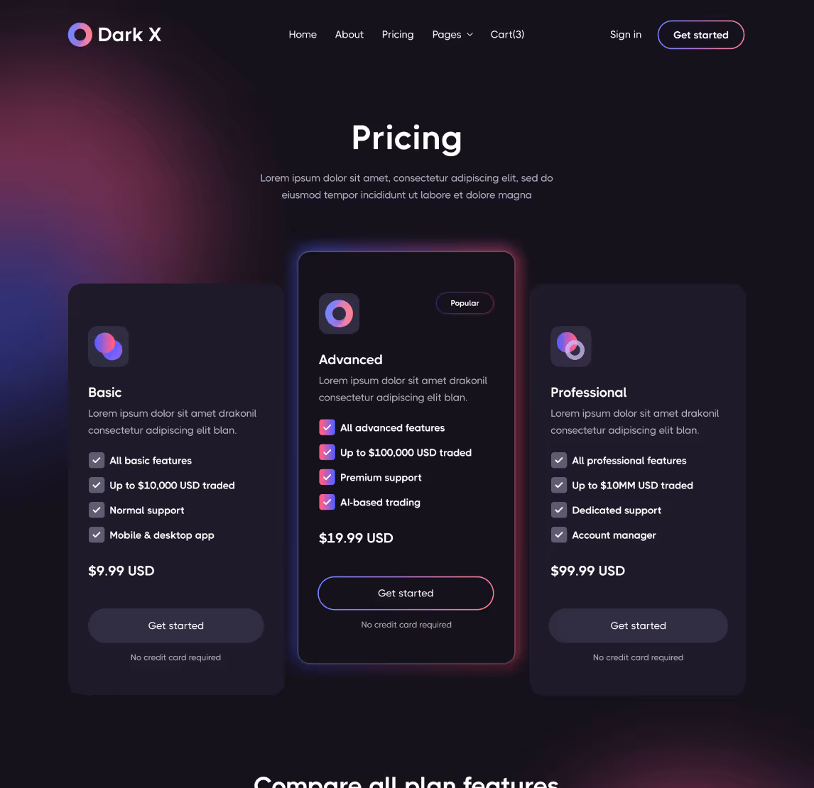 Pricing - Dark X Webflow Template