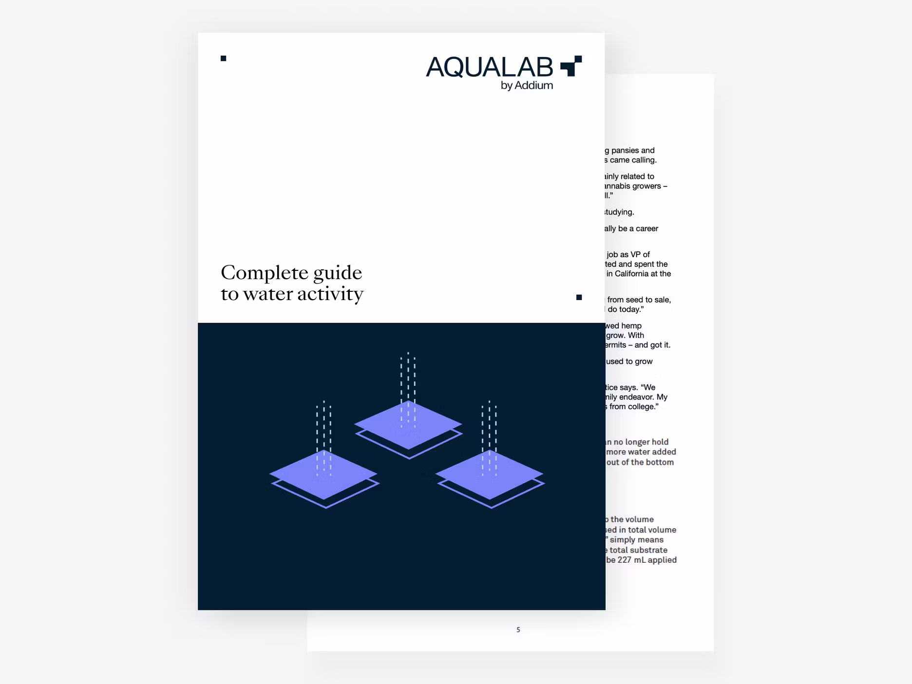 Cover layout with AQUALAB by Addium logo, “Complete guide to water activity” title and stacked abstract blue data layer icons