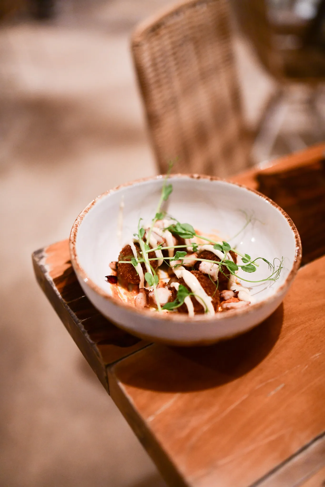 Plated croquettes garnished with sauce and microgreens, shot for a hospitality client menu.