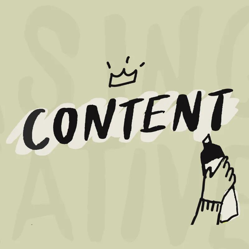 Hand holding a black marker writing the word CONTENT with a small crown above it on a pale background.