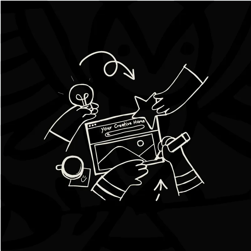 Illustration of hands working on a website with a lightbulb, star, and coffee cup nearby.