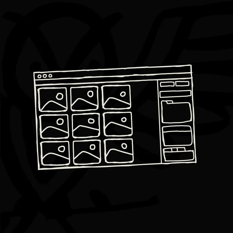 Sketch of a web browser window showing a grid of nine image thumbnails and a sidebar with folders.