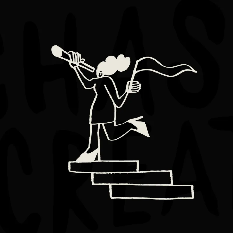 Stylized figure on stairs holding a flag in one hand and looking through a telescope in the other.