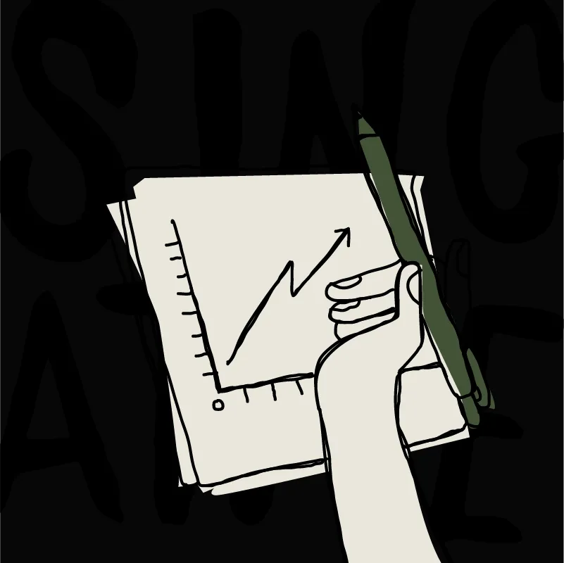 Hand holding a green pen over paper with an upward trending graph drawn on it.