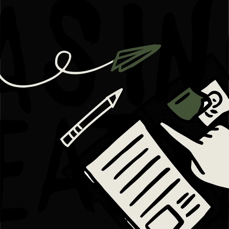 Hand holding a paper with lines and a pen nearby on a black background with a green paper plane.