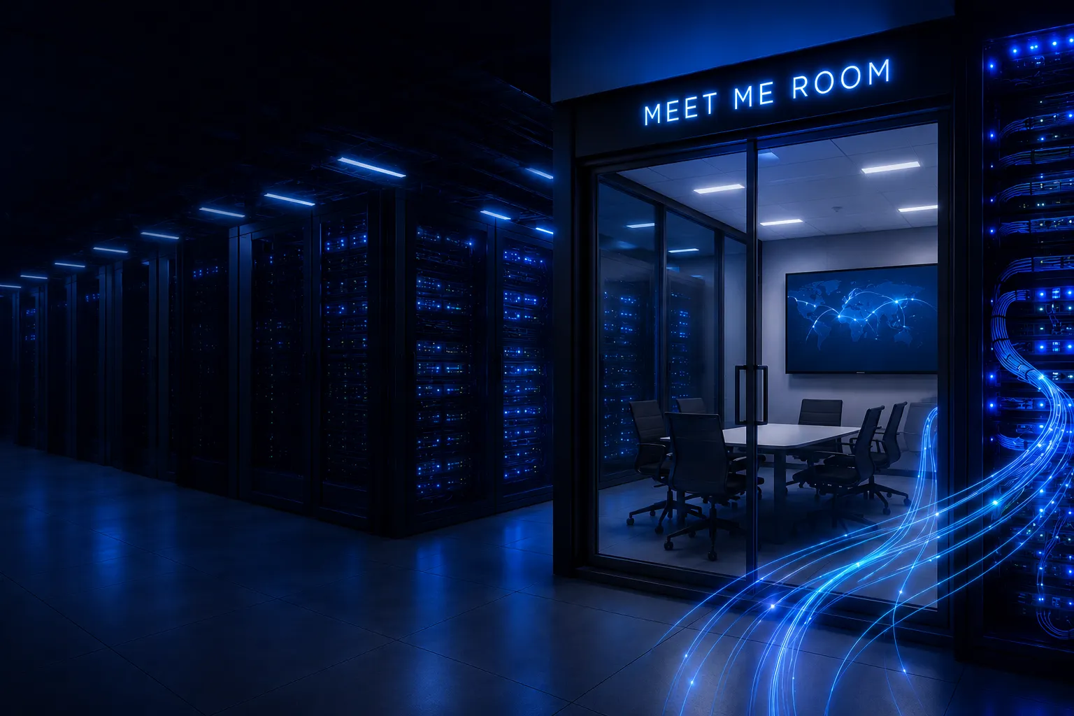 Dark data center aisle with server racks and a glass meeting room with chairs and a world map screen.